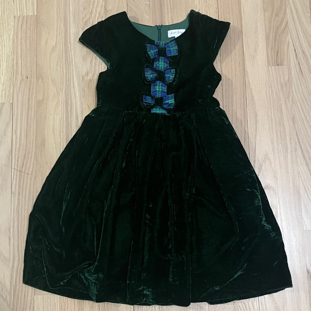 Girls Rachel Riley green crushed velvet tartan dress size 7